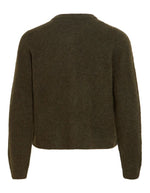 Dos du Gilet col rond pour femme en maille vert forêt chiné Forest Night Melange, modèle Lory O-Neck Cardigan de la marque VILA. Présente des manches longues, des boutons sur le devant et des finitions en bord-côte au col, aux poignets et au bas.