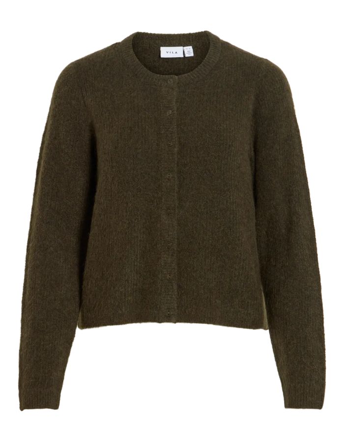 Gilet col rond pour femme en maille vert forêt chiné Forest Night Melange, modèle Lory O-Neck Cardigan de la marque VILA. Présente des manches longues, des boutons sur le devant et des finitions en bord-côte au col, aux poignets et au bas.