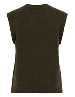Dos du Gilet en maille fine sans manches pour femme de couleur vert forêt foncé chiné Forest Night Melange, modèle Lory de la marque Vila. Présente un col rond ajusté, des emmanchures dégagées et une coupe droite à la texture douce et légèrement duveteuse.
