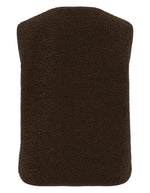 Dos du Gilet sans manches pour femme en matière peluche bouclée marron foncé Coffee Bean, modèle Ada de la marque Vila. Présente un col rond, une fermeture boutonnée à l'avant et deux poches plaquées.