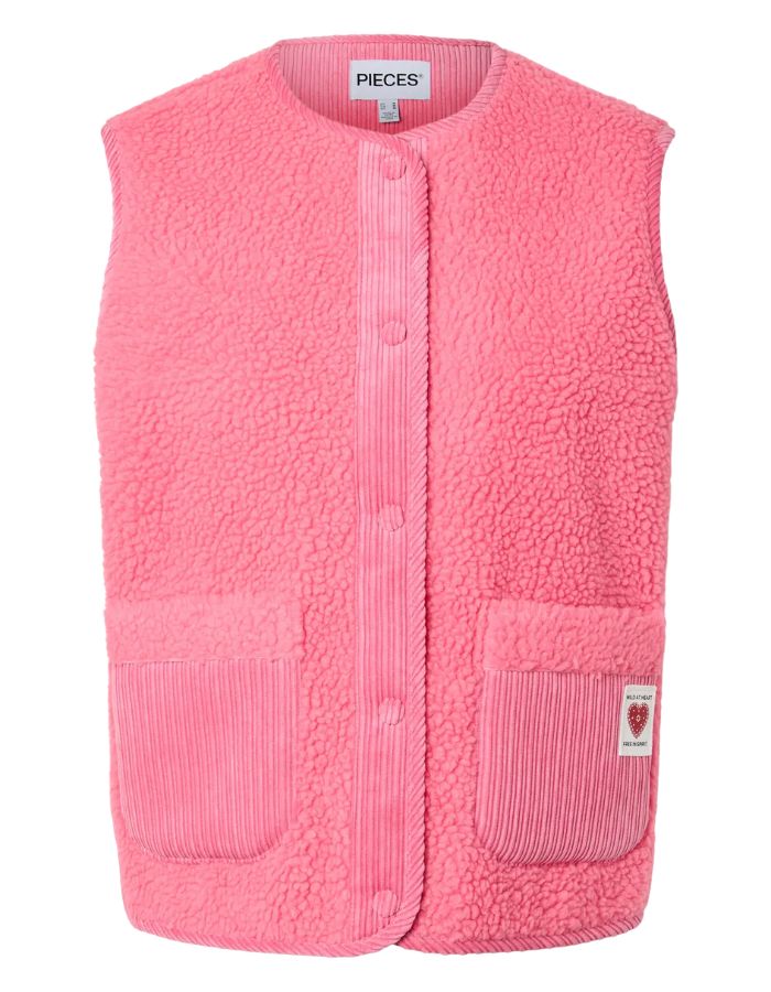 Gilet sans manches pour femme en matière teddy moumoute rose frais avec fermeture zippée et poches, modèle Anastacia Teddy Vest BC couleur Pink Lemonade de la marque PIECES.
