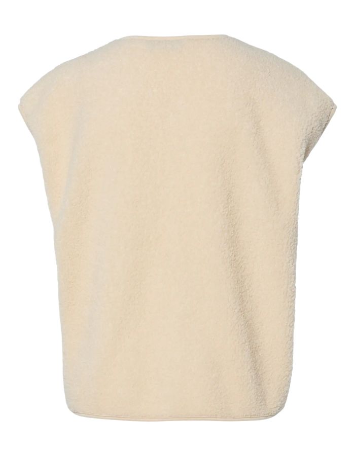Dos du Gilet sans manches Katty Teddy pour femme, coloris beige naturel. Matière polaire bouclée douce, col en V et fermeture frontale par pressions. Veste outdoor élégante et écoresponsable.