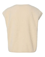 Dos du Gilet sans manches Katty Teddy pour femme, coloris beige naturel. Matière polaire bouclée douce, col en V et fermeture frontale par pressions. Veste outdoor élégante et écoresponsable.