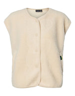 Gilet sans manches Katty Teddy pour femme, coloris beige naturel. Matière polaire bouclée douce, col en V et fermeture frontale par pressions. Veste outdoor élégante et écoresponsable.