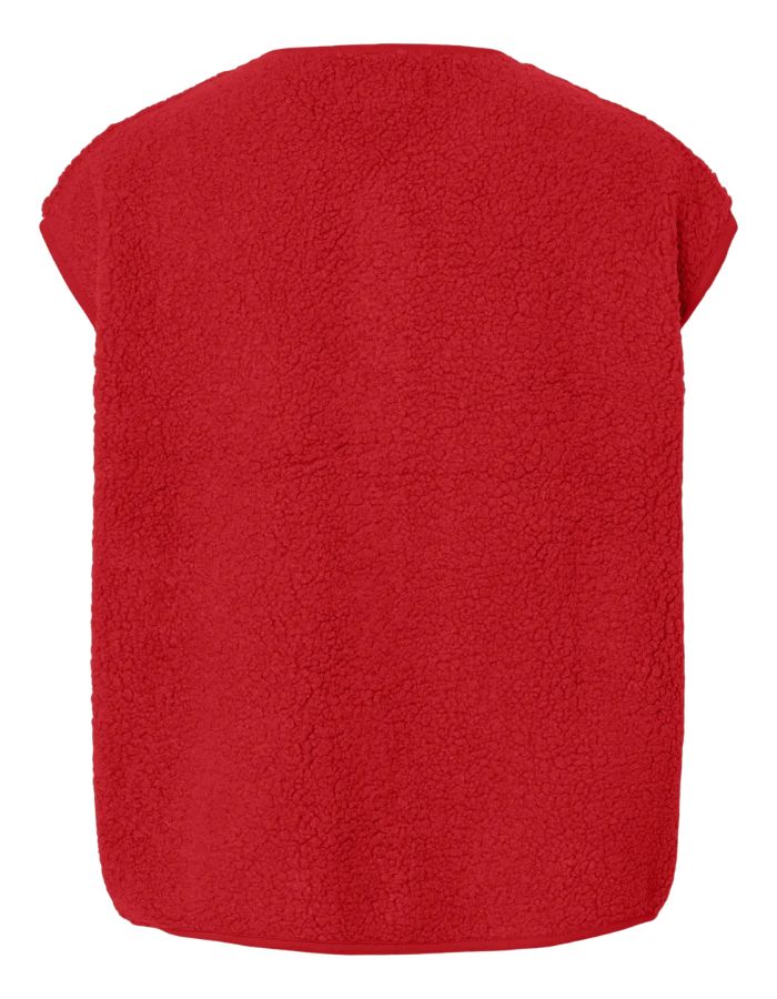 Dos du Gilet sans manches Katty Teddy pour femme, coloris rouge vif Adrenaline Rush. Texture polaire bouclée, col en V et fermeture par boutons-pression. Style outdoor chic et écoresponsable.