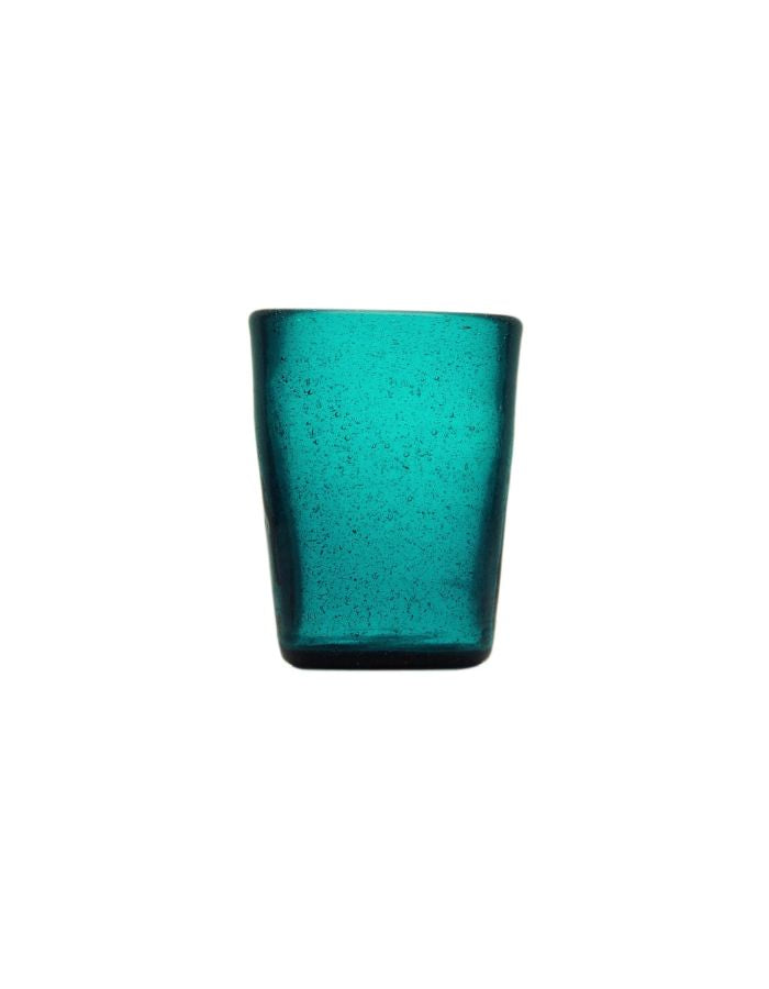 Gobelet Bally en verre soufflé artisanal Bleu Pétrole, forme cylindrique avec bulles intérieures.