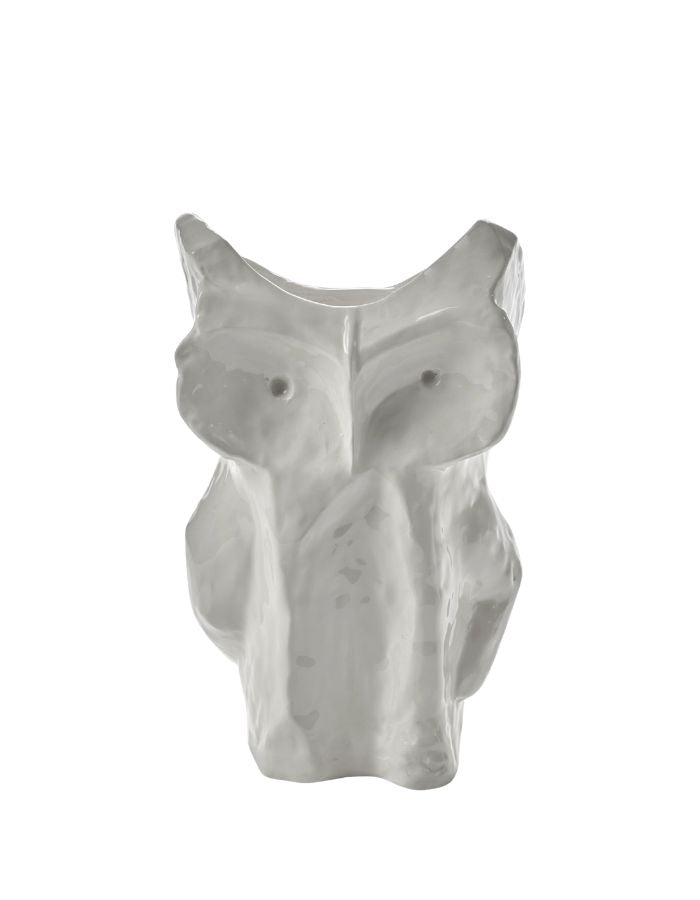 Grand vase en céramique blanche brillante sculpté en forme de hibou grand format 30cm avec motifs peints à la main collection Marni