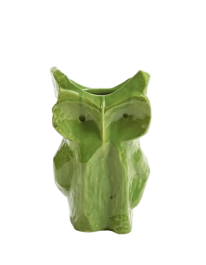 Grand vase sculptural Owl en céramique vert forêt par Marni pour Serax, design hibou géométrique After Midnight, finition émaillée brillante, H 30 cm.
