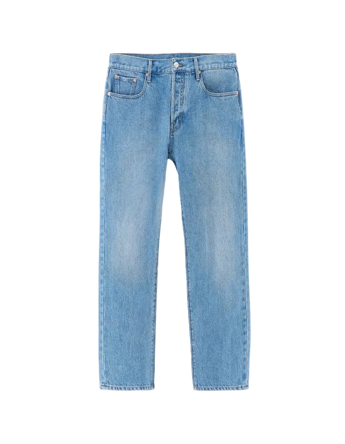 Jean denim bleu clair stone wash Bellerose N.01 à coupe loose, taille basse et braguette boutonnée.