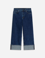 Jean Geronimo Bleu Royal, coupe droite taille haute, larges revers cousus, surpiqûres apparentes.