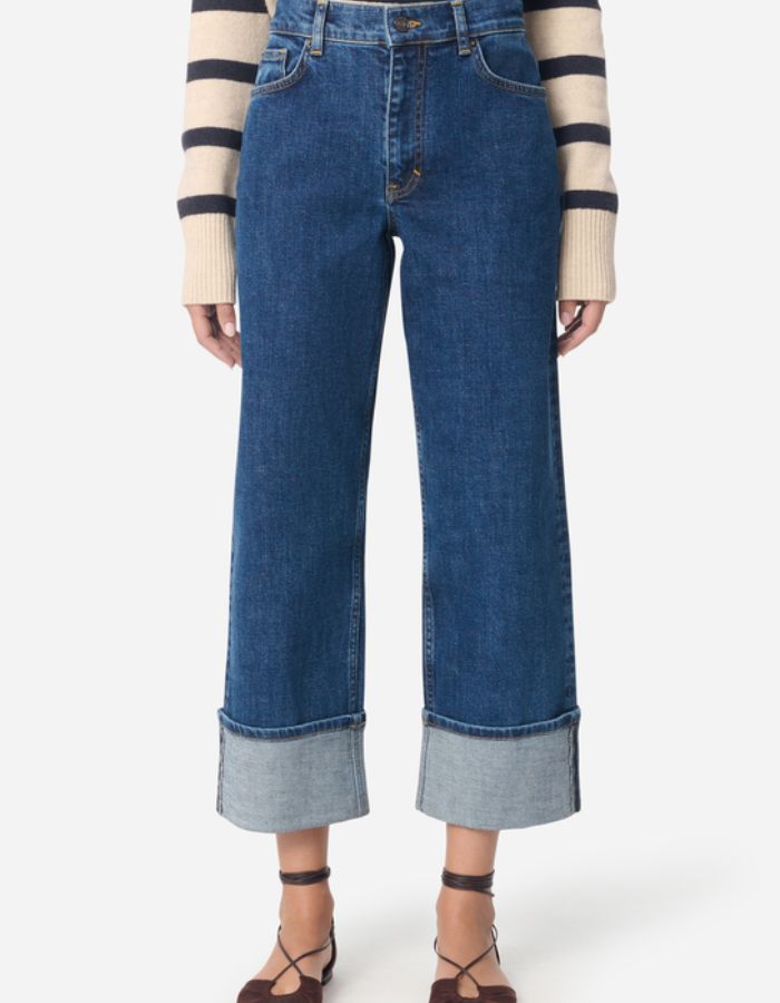 Jean Geronimo Bleu Royal Vanessa Bruno, coupe droite taille haute, larges revers et surpiqûres.