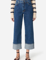 Jean Geronimo Bleu Royal Vanessa Bruno, coupe droite taille haute, larges revers et surpiqûres.