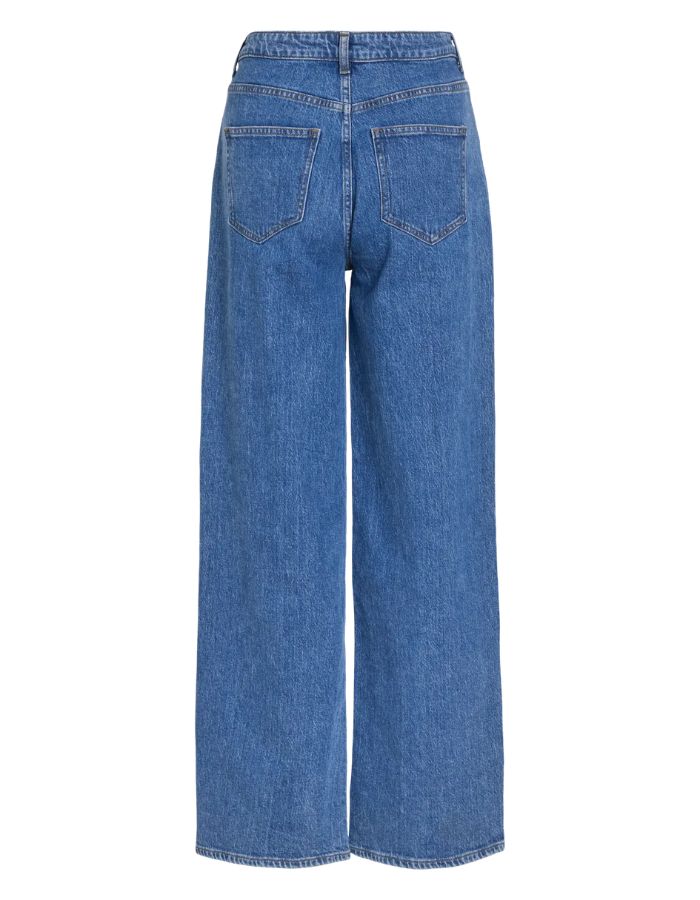 Vue de dos du Jean large pour femme de couleur bleu moyen Medium Blue Denim, modèle Reya de la marque Vila. Présente une taille haute ajustée et des jambes amples fluides (coupe Frida), avec une fermeture par zip.