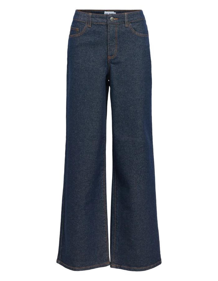 Jean large taille mi-haute pour femme en denim bleu foncé rincé, modèle Rio Mae Wide Jeans de la marque OBJECT. Présente une coupe wide leg 5 poches avec fermeture boutonnée et zippée.