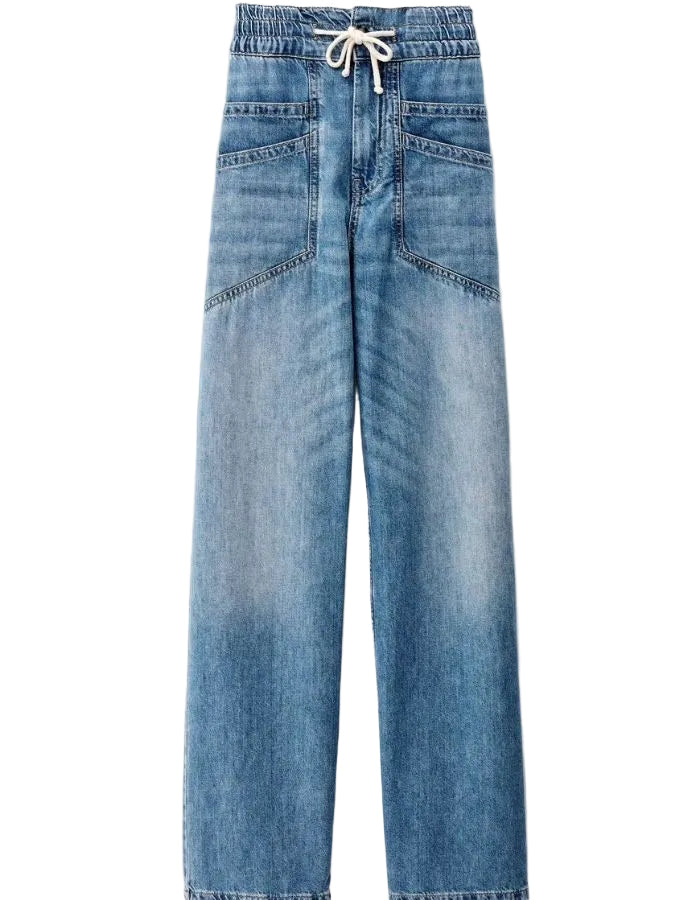 Jean Mima Ba&sh wide straight bleu clair, taille haute, ceinture élastiquée avec cordon blanc, poches travaillées.