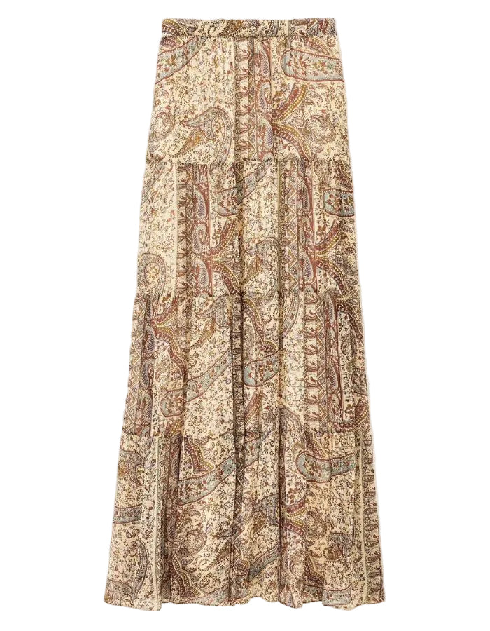 Jupe longue pour femme de couleur bleue, modèle Cali de la marque Ba&sh. Ce jupon maxi à volants présente une coupe évasée composée de trois grands étages froncés en viscose souple et fluide, doté d'une doublure intégrée et d'une ceinture élastiquée au dos