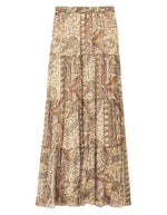 Jupe longue pour femme de couleur bleue, modèle Cali de la marque Ba&sh. Ce jupon maxi à volants présente une coupe évasée composée de trois grands étages froncés en viscose souple et fluide, doté d'une doublure intégrée et d'une ceinture élastiquée au dos