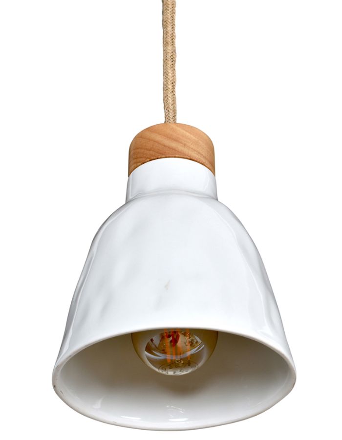 Détail de la Baladeuse nomade en céramique blanche avec long câble textile de 3 mètres, prise et interrupteur