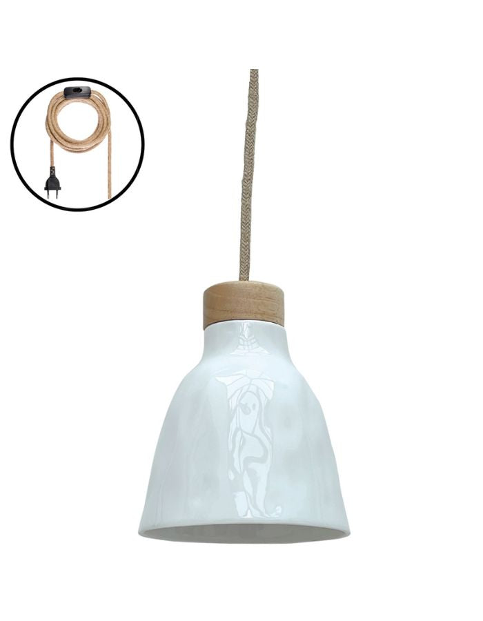 Baladeuse nomade en céramique blanche avec long câble textile de 3 mètres, prise et interrupteur
