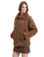 Manteau court zippé marron style aviateur avec col et doublure en fausse peau lainée et poches plaquées