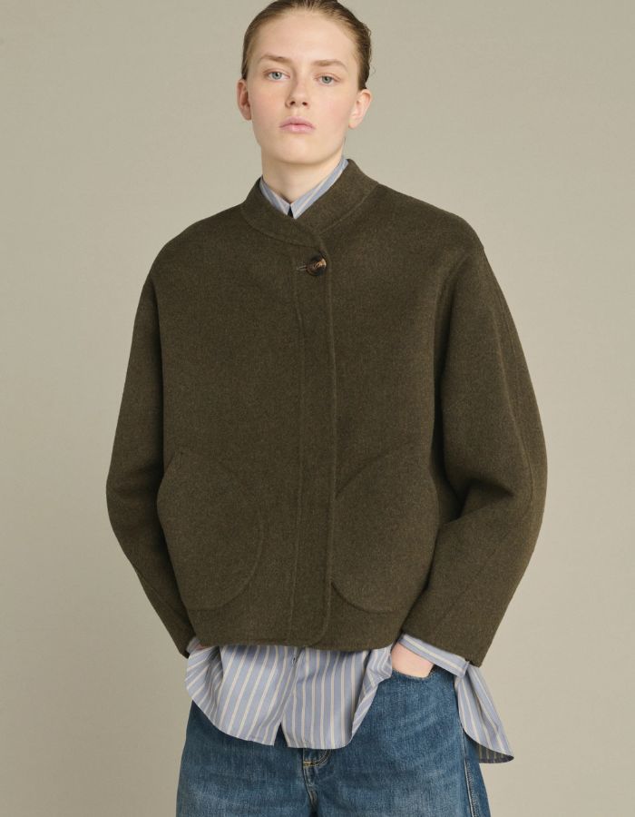 Manteau Windsor Kaki Chiné en laine double face Soeur
