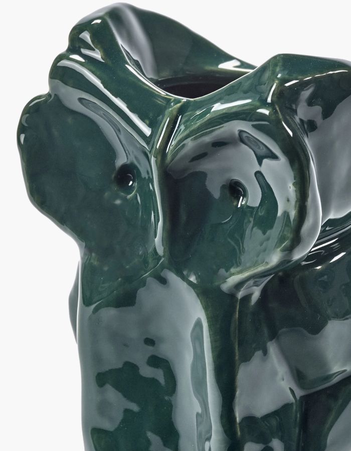 Haut du Mini vase en céramique vert foncé brillante sculpté en forme de hibou avec motifs peints à la main collection Marni