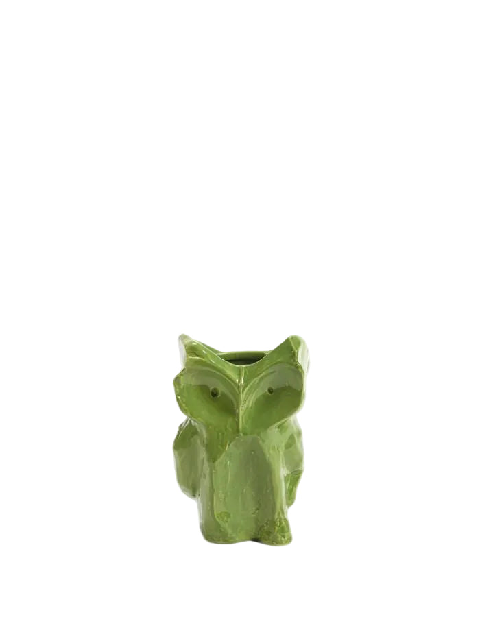 Mini vase sculptural Owl (taille XS) en grès vert forêt par Marni pour Serax, silhouette de hibou stylisé avec finition émaillée artisanale, H 12 cm