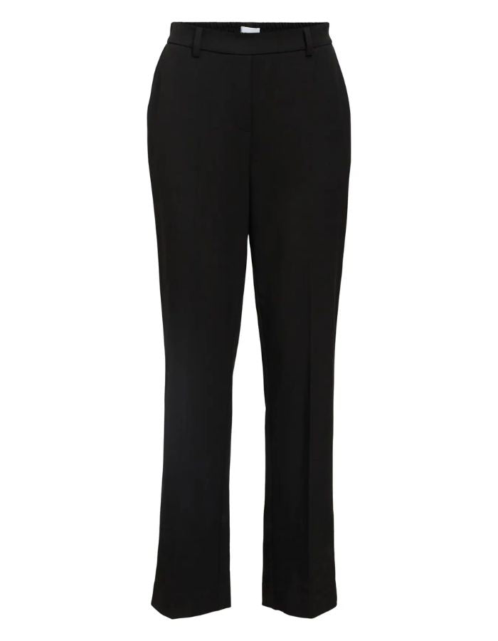 Pantalon de tailleur coupe droite à taille mi-haute pour femme, modèle Lisa de la marque Object. Tissu tissé robuste et élégant de couleur noire unie avec des poches latérales invisibles.