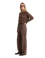 Pantalon large fluide marron en laine mélangée avec taille élastiquée à cordon et pinces sur le devant