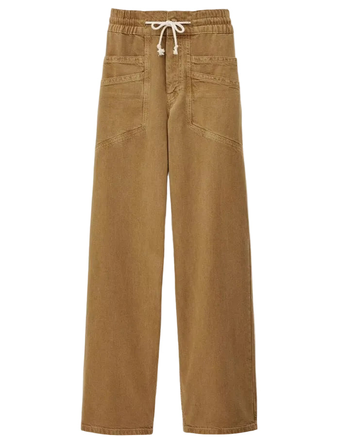 Pantalon large Fima camel en coton biologique et lin, taille haute élastiquée avec cordon blanc et poches plaquées.