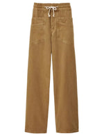 Pantalon large Fima camel en coton biologique et lin, taille haute élastiquée avec cordon blanc et poches plaquées.