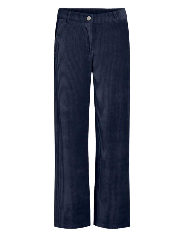 Pantalon large pour femme en velours côtelé bleu marine avec fermeture boutonnée à la taille, modèle Kita RW Wide Corduroy Pants couleur Navy de la marque VILA.