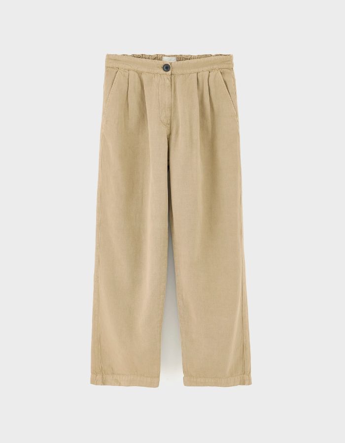 Pantalon Pillow Clay Bellerose beige en popeline coton-lin, taille élastiquée, coupe jambes droites.