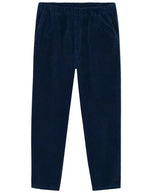 Pantalon en velours côtelé pour homme de couleur bleu marine foncé Navy Vintage, modèle Padow de la marque American Vintage. Présente une coupe droite ample d'inspiration jogging avec une taille élastiquée dotée d'un lien de resserrage et des poches italiennes.
