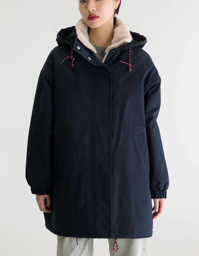 Parka oversize Jade Navy Bellerose à capuche et doublure en fausse fourrure