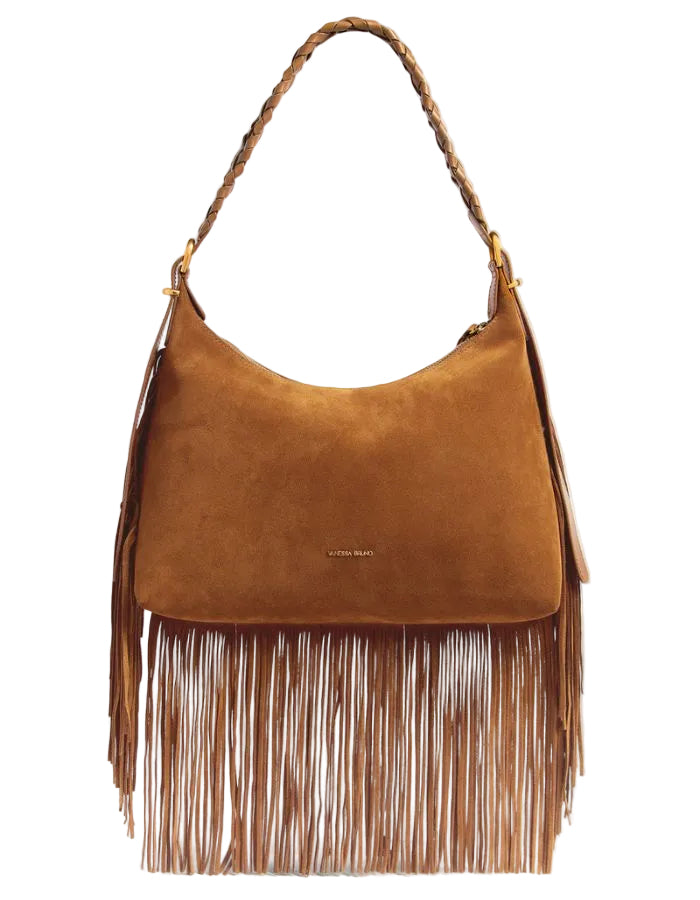 Petit sac hobo Jess noisette en cuir souple avec franges longues et bandoulière tressée.