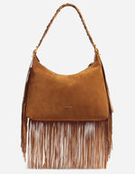 Petit sac hobo Jess noisette en cuir souple avec franges longues et bandoulière tressée.