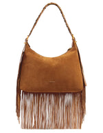 Petit sac hobo Jess noisette en cuir souple avec franges longues et bandoulière tressée.