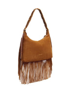 Petit sac hobo Jess noisette en cuir souple avec franges et bandoulière tressée.