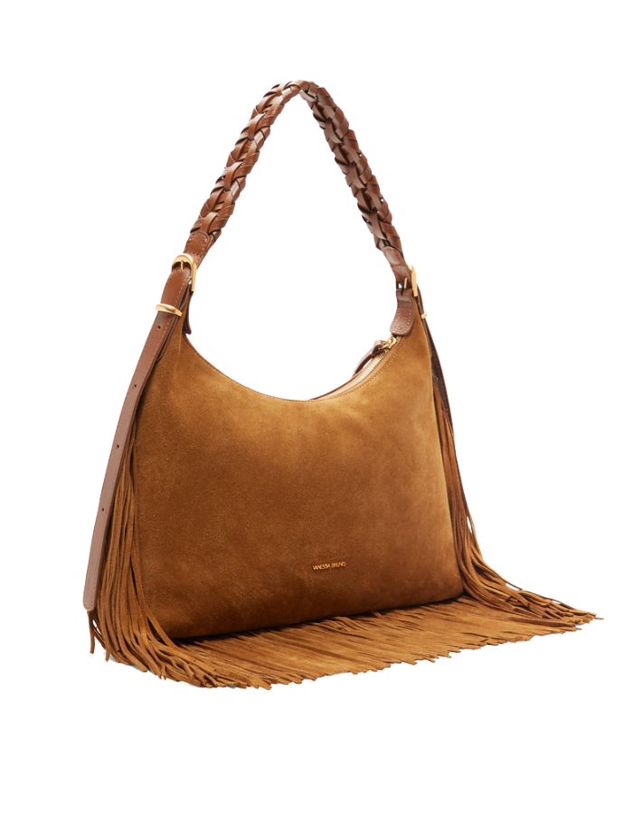 Sac hobo Jess noisette en cuir souple avec franges longues et bandoulière tressée.