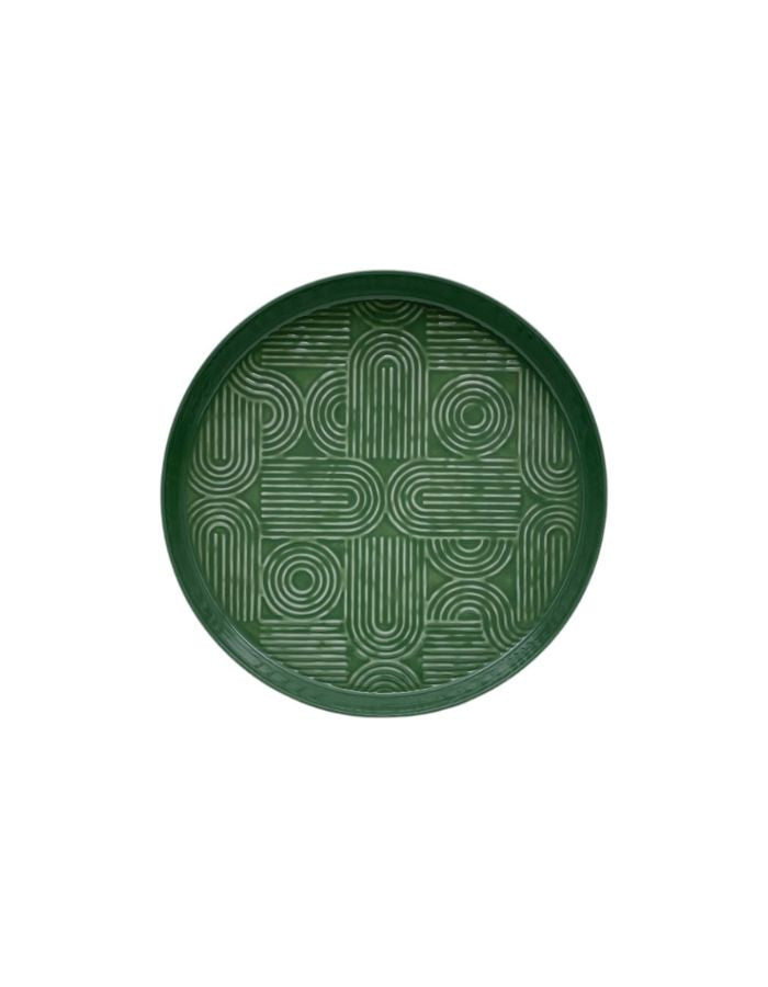 Grand plateau décoratif rond Molitor par Bazardeluxe, de 44 cm de diamètre. Finition émaillée brillante de couleur vert amande pastel avec un fond texturé aux motifs géométriques en relief et des rebords de 5 cm de hauteur.