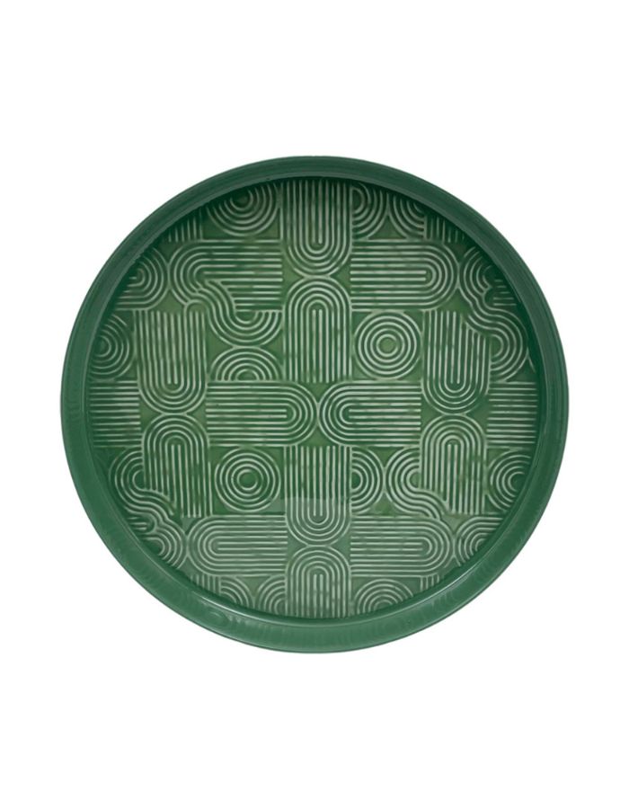 Très grand plateau décoratif rond Molitor par Bazardeluxe, grand format de 60 cm de diamètre. Finition émaillée brillante de couleur vert amande doux, orné d'un fond aux motifs géométriques en relief.