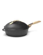Poêle Cookut La Fabuleuse 28cm noire avec couvercle et poignée en bois clair.