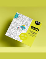 Poster géant à colorier OMY Dinos, blanc et vert, avec illustrations de dinosaures.