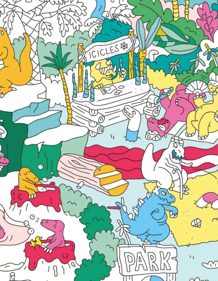 Poster géant à colorier OMY Dinos avec dinosaures, volcans et paysages tropicaux colorés.