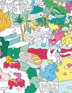 Poster géant à colorier OMY Dinos avec dinosaures, volcans et paysages tropicaux colorés.