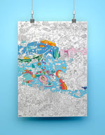 Grand poster à colorier Océan OMY, illustré avec des scènes marines détaillées, partiellement colorié.