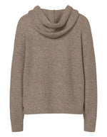 Dos du Pull à capuche ajusté pour femme en maille douce couleur taupe avec cordons de serrage et manches longues, modèle Malou de la marque PIECES