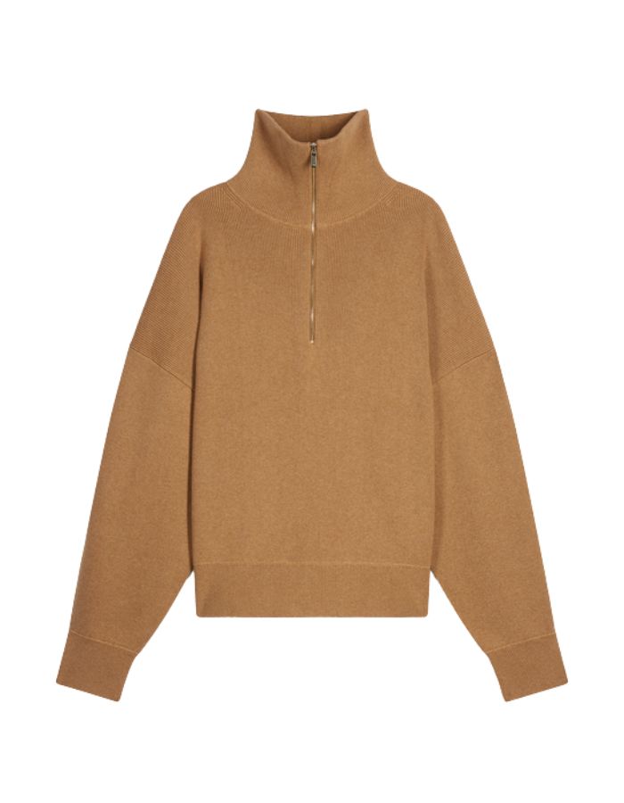 Pull ample pour femme en maille coton et laine mérinos couleur beige ficelle avec col montant zippé demi-zip, modèle Pull Honorat couleur Ficelle de la marque Vanessa Bruno.