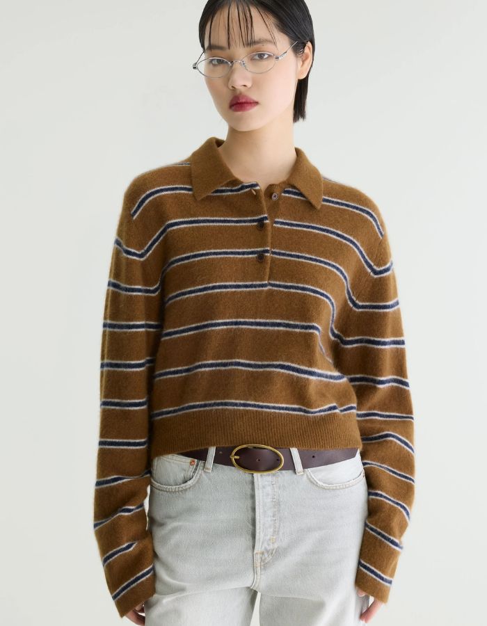 Pull femme Dussyr Stripe E camel rayé bleu marine et écru Bellerose